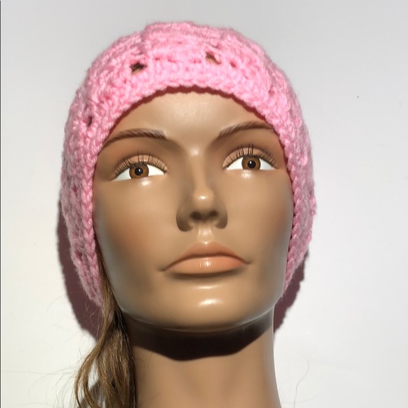 Pink winter beanie hat hand crochet adult or teen - Picture 5 of 5